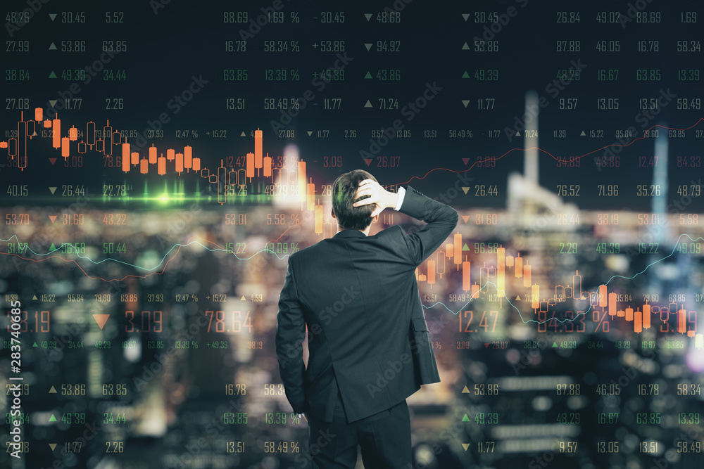 Aufkleber crisis concept with businessman and digital business chart screen with graphs going down.