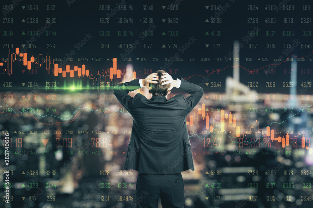 Aufkleber crisis concept with businessman in a panic and forex chart screen with graphs going down.