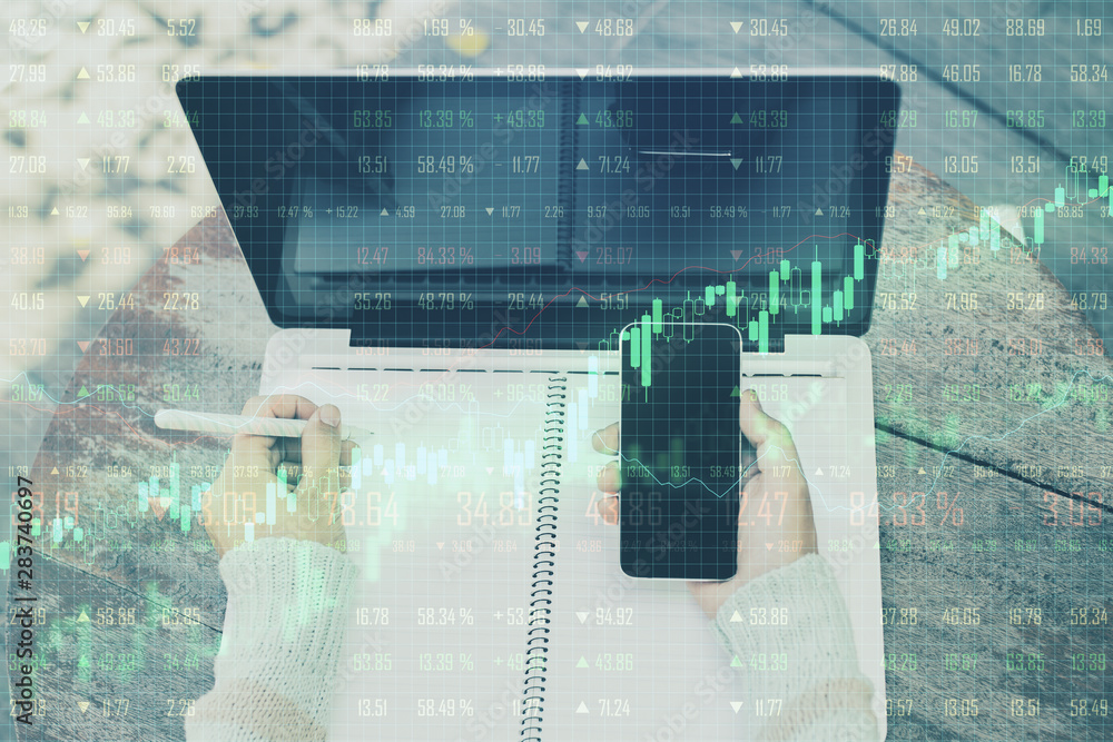 Poster growth and trade concept with woman using cell phone and forex chart with going up graphs.