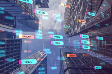 Programming and technology concept with digital node tree and megapolis skyscrapers.