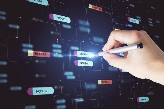 Computer technology concept with hand pushing digital screen with node tree signs.