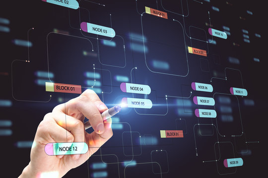 Programming concept with man hand with pen pushing digital screen with node tree.