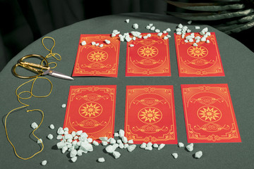 High angle set of red tarot cards