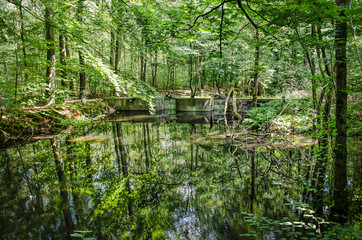Reflective pool surrounded by derelict experimental installations in former hydraulic laboratory...