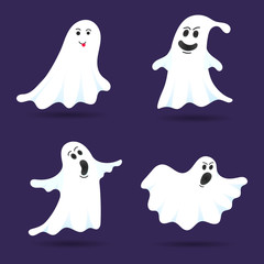 4 cute ghost characters flat style design vector illustration set isolated on dark background. Halloween boo spooky symbol flying above the ground.