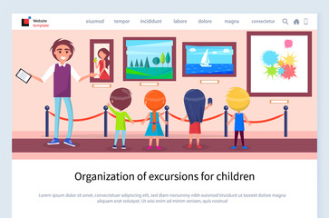 Organization of excursions for children vector teacher telling about artworks hanging on wall, art gallery with masterpieces of different styles. Website or webpage template, landing page flat style