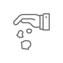 Hand throwing away garbage, crumpled paper line icon.