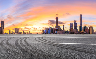 Fototapeta na wymiar Shanghai morning city landscape and asphalt road