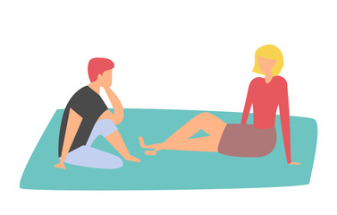 Friends spending time together, cartoon people sitting on carpet and talking. Vector two women discussing something on rug, isolated ladies flat stye