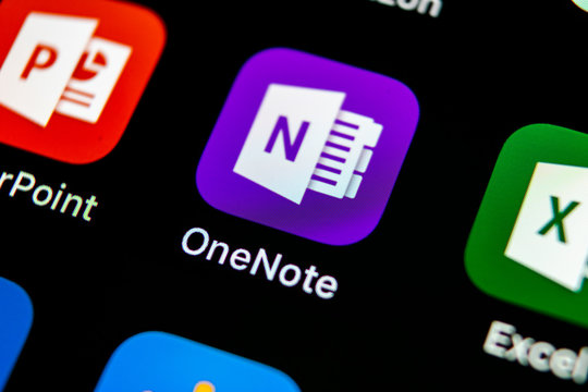 Sankt-Petersburg, Russia, May 10, 2018: Microsoft OneNote office application icon on Apple iPhone X screen close-up. Microsoft One Note app icon. Microsoft OneNote application. Social media network