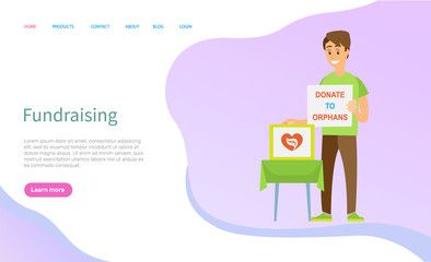 Donate to orphans online, social fundraiser, portrait view of volunteer character standing with donation poster and box, worker and support vector. Website or slider app, landing page flat style