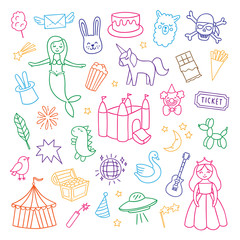 Funny vector illustrations for kids. Different childish elements for celebrations and party on white background