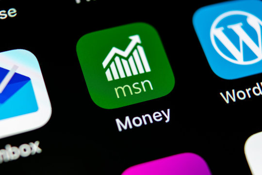 Sankt-Petersburg, Russia, May 10, 2018: Microsoft MSN money application icon on Apple iPhone X smartphone screen close-up. Microsoft msn money app icon. Social network. Social media icon