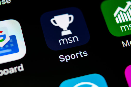 Sankt-Petersburg, Russia, May 10, 2018: Microsoft MSN Sports application icon on Apple iPhone X screen close-up. Microsoft msn sports app icon. Microsoft MSN sports application. Social media network