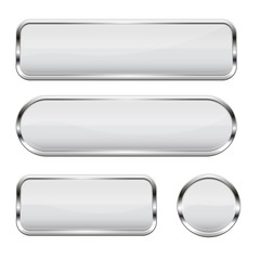 White glass buttons. Set of 3d shiny icons with chrome frame