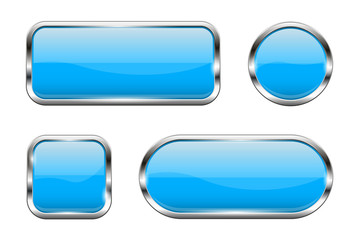 Blue glass buttons. Set of 3d shiny icons with chrome frame