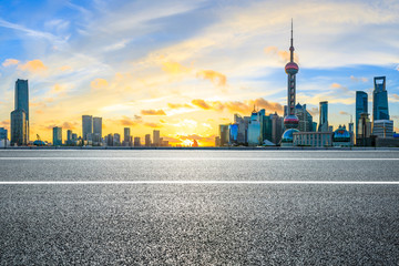 Fototapeta na wymiar Shanghai morning city landscape and asphalt road