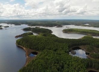 Karst lakes in forest. chain of lakes. Aerial view