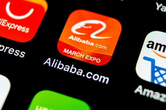 Sankt-Petersburg, Russia, May 10, 2018: Alibaba application icon on Apple iPhone X smartphone screen close-up. Alibaba app icon. Alibaba.com is popular e-commerce application. Social media icon