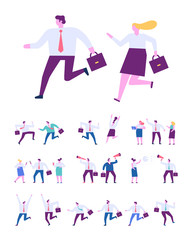 Collection of business people characters in different poses. Success, leadership. Business people running flat vector set. Business team competition.   Flat vector characters isolated on white.