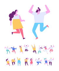 Happy couple dancing and have fun. Man and woman together. Flat vector characters. Birthday party, student party, celebration, event. Happy people isolated on white background. 
