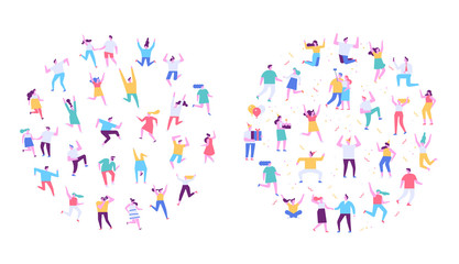 Fototapeta na wymiar Happy people. Flat vector character set. People dancing and have fun. Birthday party, celebration, event. Friendship. Couples. Men and women enjoying dance party isolated on white. 