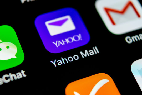 Sankt-Petersburg, Russia,May 10, 2018: Yahoo Mail application icon on Apple iPhone X smartphone screen close-up. Yahoo mail app icon. Social network. Social media icon
