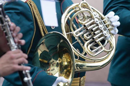 A wind instrument parade - a man in green costume playing french horn
