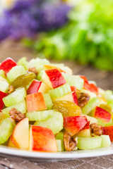Fresh Waldorf salad made of celery, apple, walnuts, sultanas and raisins on plate (Selective Focus, Focus one third into the salad)