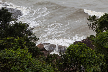 Rocks and Sea with trees in Prainha, Peruibe, Brazil