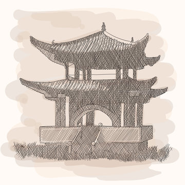 recommend clip art: Chinese national building pagoda. Vector drawing. Imitation of watercolor.