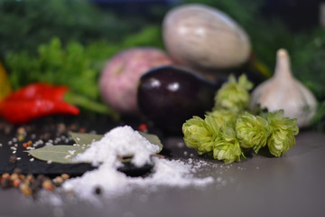 Beautiful fresh vegetables and mushrooms on a dark background