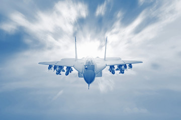 Fighter jet maneuver with afterburner in the sky. Conflict, war. Aerospace forces, monochrome color