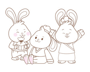 Rabbits celebrating mid autumn festival cartoons in black and white