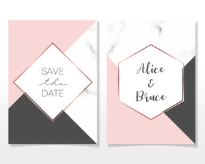 Wedding Invitation card with golden frames and marble texture. Luxury marble with rosegold geometric business card design template.