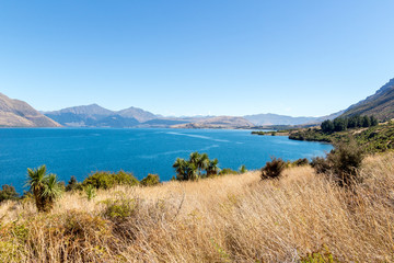 Obraz premium Beautiful landscape of blue lake wakatipu near queenstown in new zealand