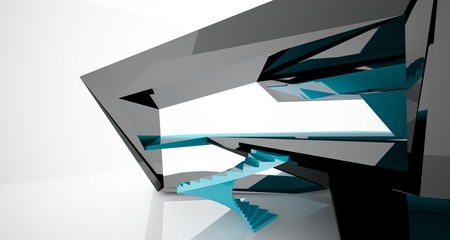 Abstract architectural blue and black gloss interior of a minimalist house with large windows.. 3D illustration and rendering.