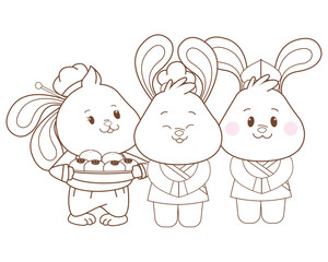 Rabbits celebrating mid autumn festival cartoons in black and white