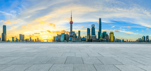 Sunrise Shanghai urban architectural landscape and square ground