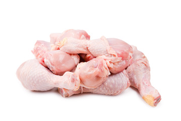 Tasty raw chicken legs. Top view. Isolated on white
