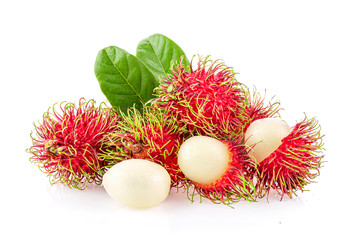 rambutan sweet delicious fruit with leaf  isolated on white background. full depth of field