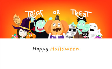 Halloween party, cartoon character with cute pumpkin lantern, celebration poster, invitation card, background vector illustration