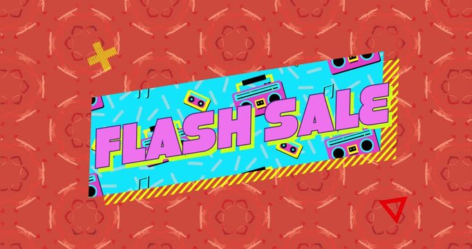 Flash sale graphic on blue banner with tapes and tape players on patterned red background 4k