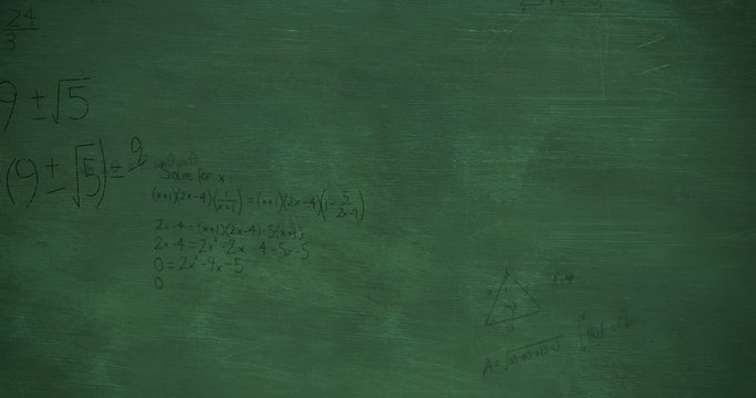 Mathmatical calculations in black moving over a green chalkboard background 4k