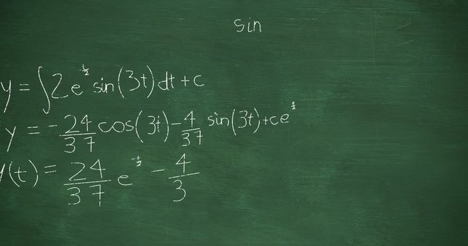 Mathmatical calculations written in chalk floating above green chalkboard background 4k