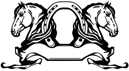 two heads of horses in profile. Logo, banner, emblem with horseshoe and ribbon scroll. Black and white side view vector