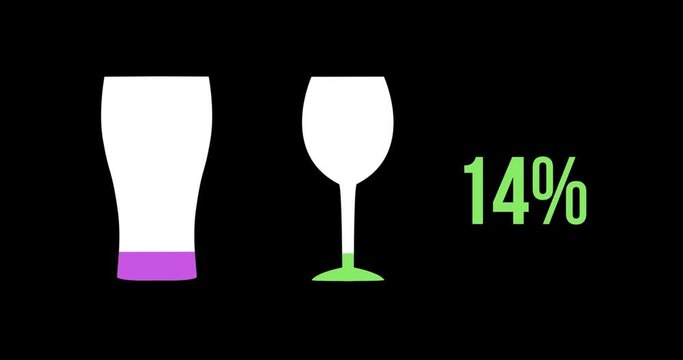 Pint and wine glass shapes and numbers filling up with colours 4k