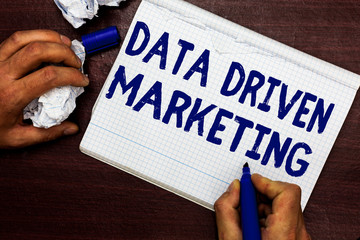 Writing note showing Data Driven Marketing. Business photo showcasing Strategy built on Insights Analysis from interactions Man holding marker notebook page crumpled paper several tries mistakes
