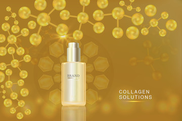 Beauty product ad design, gold cosmetic containers with collagen solution advertising background ready to use, luxury skin care banner, illustration vector.	