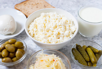 Variety of Healthy Probiotic Fermented Foods. Light background. Top view